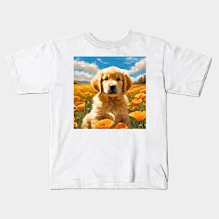 California Poppy Golden Retriever Puppy Kids T-Shirt